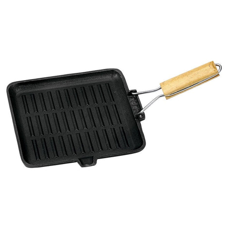 FRY PAN - CAST IRON RECTANGLE GRIDDLE- FOLDING WOOD HANDLE - CAMPFIRE