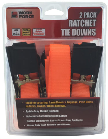 RATCHET TIE DOWNS- 2 PIECE - 4 METRE x 25mm - WORKFORCE - 300KG