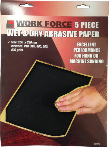 SANDPAPER - WET & DRY - 5 PIECE ASSORTED GRADE- 230mm x 280mm