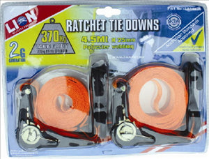 RATCHET TIE DOWNS - HEAVY DUTY - 4.5Metres x 25mm - 370KG - LION - 2 PACK