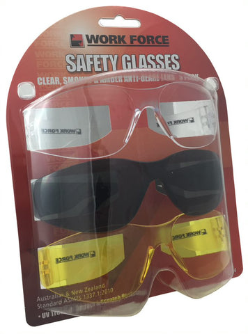SAFETY GLASSES - 3 PACK - CLEAR, SMOKED, AMBER