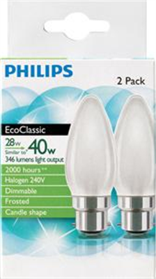 GLOBE -  HALOGEN - CANDLE - 28 Watt - BC - FROSTED - 2 PACK