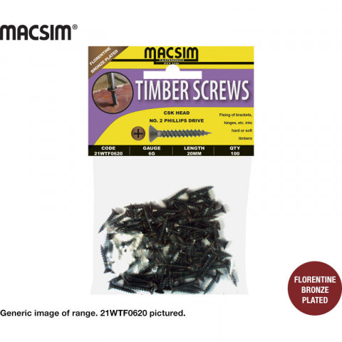 TIMBER SCREWS - FLORENTINE BRONZE  PLATED - CSK HEAD - 8 X 25MM - PKT 100