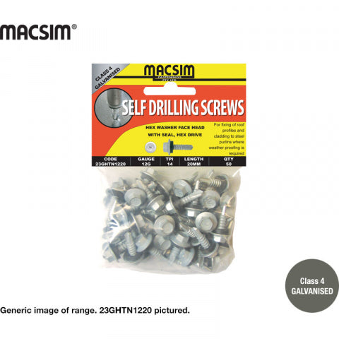 SELF DRILLING SCREWS - GALVANISED - HEX HEAD WITH SEAL - HEX DRIVE - 12 X 20MM - PKT 50