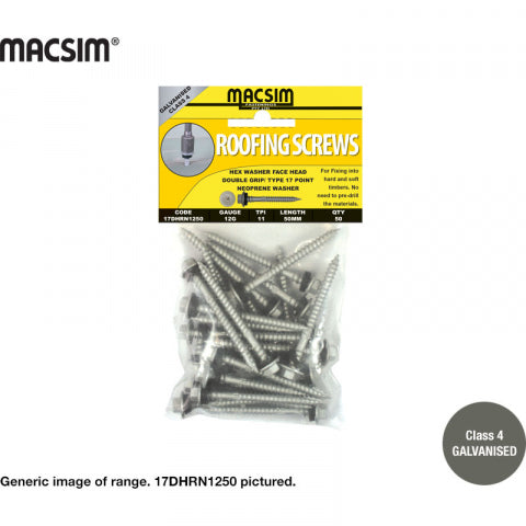 TYPE 17 ROOFING SCREWS - 12g x 65mm -  HEX HEAD - DOUBLE GRIP - GAL WITH SEALING WASHER - PKT 50