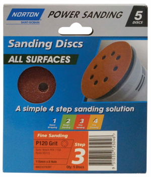 SANDING DISC ALL SURFACES -  115mm x 8 hole  - FINE P120 - 5 PACK