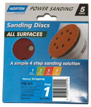 SANDING DISC ALL SURFACES -  125mm x 8hole  - VERY COARSE P40 - 5 PACK