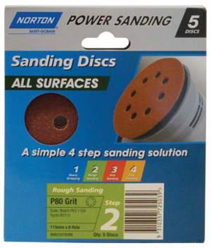SANDING DISC ALL SURFACES -  115mm x 8 hole  - MEDIUM P80 - 5 PACK