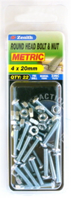 BOLTS & NUTS - M4 x 20mm - ZP - 22 PACK - ROUND HEAD