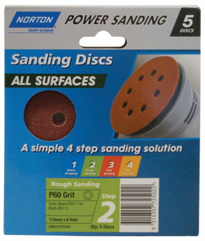 SANDING DISC ALL SURFACES -  115mm x 8 hole  - ROUGH P60 - 5 PACK