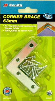 CORNER BRACE - FLAT - ZP STEEL - 63mm - 4 PACK