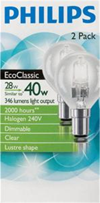 HALOGEN GLOBE - FANCY ROUND - SBC - CLEAR - 28W - 2pk