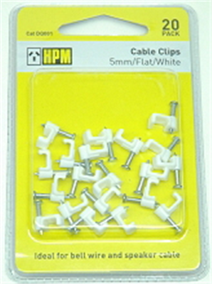 CABLE CLIPS - WHITE - 13mm FLAT  - 20 PACK