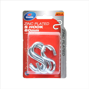 S HOOKS - 60mm - ZINC PLATED - 5 PACK
