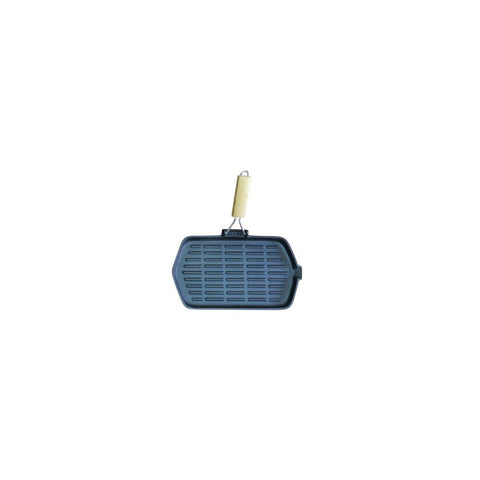 FRY PAN - CAST IRON - 21x35cm - RECTANGULAR FOLDING WOODEN HANDLE