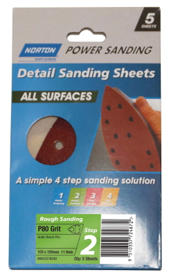 SANDING SHEET -   POWER ALL SURFACES  - 103X150mmx11HOLE -  Pk5 Med P80
