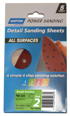 SANDING SHEET POWER ALL SURFACES 103x150mmx11 HOLE pk5 fine P120 GRIT