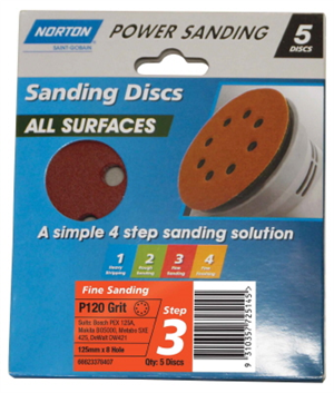 SANDING DISC ALL SURFACES  125mm x 8hole  - Fine P120 - 5 PACK