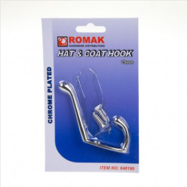HOOK - HAT & COAT HOOK - 75mm - CHROME PLATED - OVAL BASE - 1 PACK