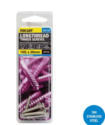 SELF TAPPERS - LONGTHREAD - 10g x 50mm -  COUNTERSUNK -  STAINLESS STEEL 304 - 4 PCS