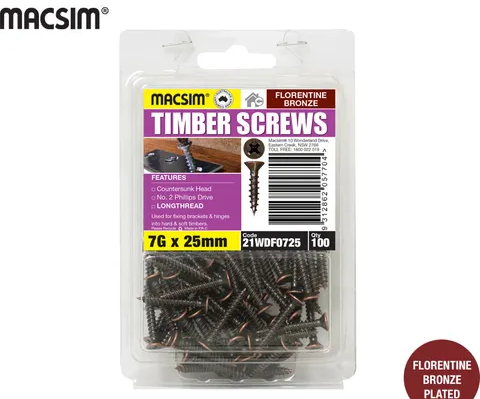 TIMBER SCREWS - FLORENTINE BRONZE  PLATED - COUNTERSUNK  HEAD - 8 x 25MM - PKT 100