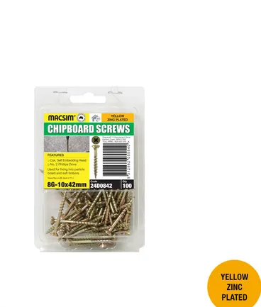 CHIPBOARD SCREWS - YELLOW ZINC PLATED  - CSK SELF EMBEDDING HEAD  - 8 X 42mm PKT 100