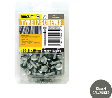 TYPE 17 ROOFING SCREWS - 12g x 45mm -  HEX HEAD - GAL WITH SEALING WASHER - PKT 50