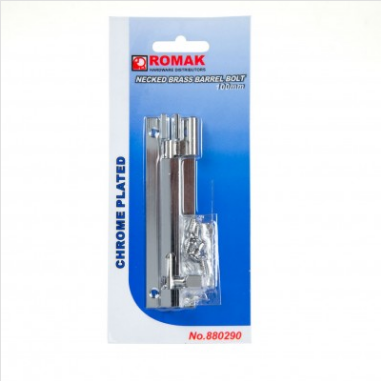 BARREL BOLT - NECKED BRASS - 100mm - CHROME