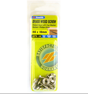 WOOD SCREWS  - 6g x 18mm -  BRASS ROUND HEAD - NP - CUP WASHER - 10 PACK