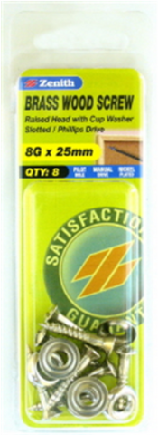 WOOD SCREWS  - 8g x 25mm -  RAISED HEAD - NICKLE PLATED BRASS WITH CUP WASHER - 8 PACK