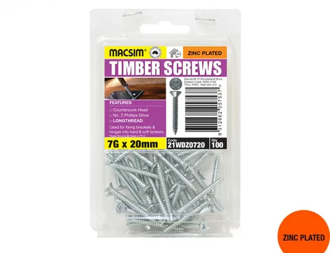TIMBER SCREWS - ZINC  PLATED - CSK HEAD - 8 X 25MM - PKT 100
