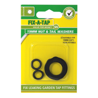 WASHER SET - GARDEN TAP NUT & TAIL - 4 PIECE - 19mm -  FIX-A-TAP