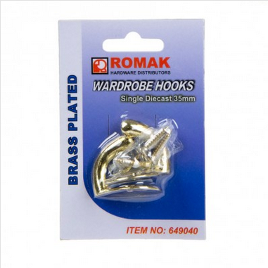 HOOK - WARDROBE HOOK - SINGLE - BRASS PLATED - 35mm - 2 PACK