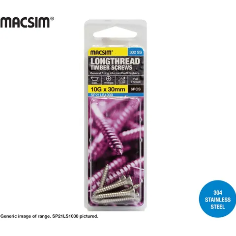 SELF TAPPERS - LONGTHREAD - 6g x 15mm -  COUNTERSUNK -  STAINLESS STEEL - 16 PCS