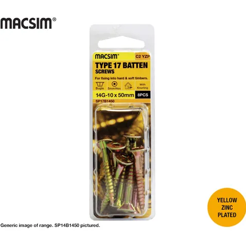 BATTEN SCREWS - TYPE 17 - 14g x 75mm -  BUGLE HEAD -  YELLOW ZINC PLATED - 6 PCS