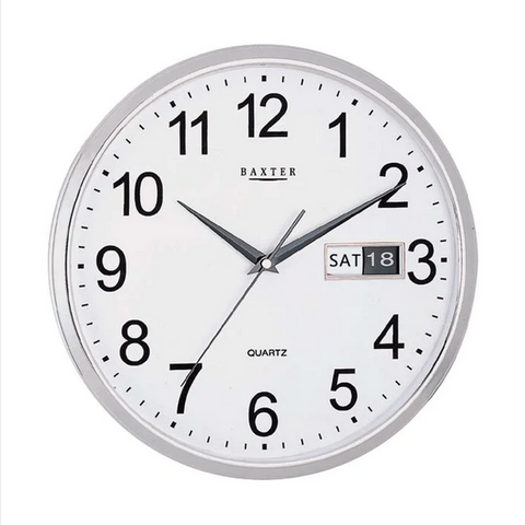 CLOCK - WALL CLOCK - 32CM WINDSOR DAY  & DATE -  SILVER - BAXTER