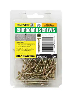 CHIPBOARD SCREWS - YELLOW ZINC PLATED  - CSK SELF EMBEDDING HEAD  - 8 X 57MM - PKT 50