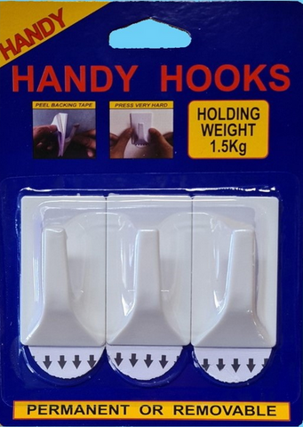 MEDIUM HOOKS - 3 PACK - 1.5KG -  PERMANENT OR REMOVABLE - HANDY