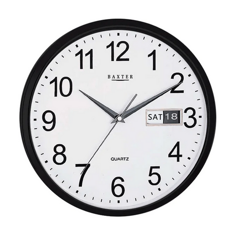 CLOCK - WALL CLOCK - 32CM WINDSOR DAY  & DATE -  BLACK - BAXTER