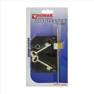 MORTICE LOCK   - 100 x 75mm - BRASS PLATED - ROMAK
