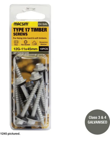TYPE 17 ROOFING SCREWS - 10g-12x 25mm -  HEX HEAD - GAL WITH SEALING WASHER - PKT 15