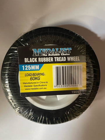 WHEEL - BLACK RUBBER TREAD WHEEL - 125mm - LOAD-BEARING TO 60KG