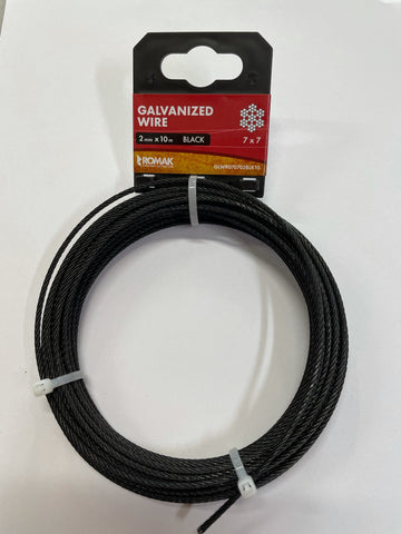 STEEL WIRE - BLACK POWERCOAT  - GALVANISED - 2mm x 10 Metres - 7x7 strand