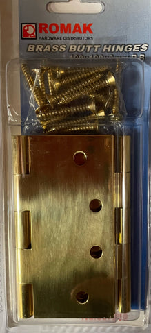 BUTT HINGE - BRASS -  100x100x3mm - POLISHED SOLID BRASS - FIXED PIN - 2 PACK