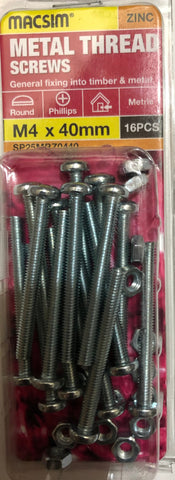 METAL THREAD - BOLT - M4  x 40mm - ROUND HEAD -  16 PIECE - ZP