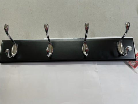 HAT & COAT RACK - 4 HOOK - CHROME HOOKS ON BLACK WOODEN RACK - HEAVY DUTY